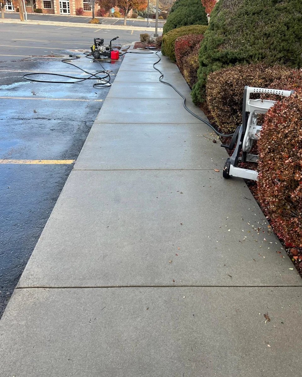 Freshly cleaned sidewalk at a commercial property